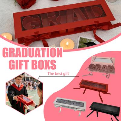 Rectangular Cardboard Gift Box with Transparent Lid and Ribbon Closure Graduation Theme Decorative Storage Box for Events