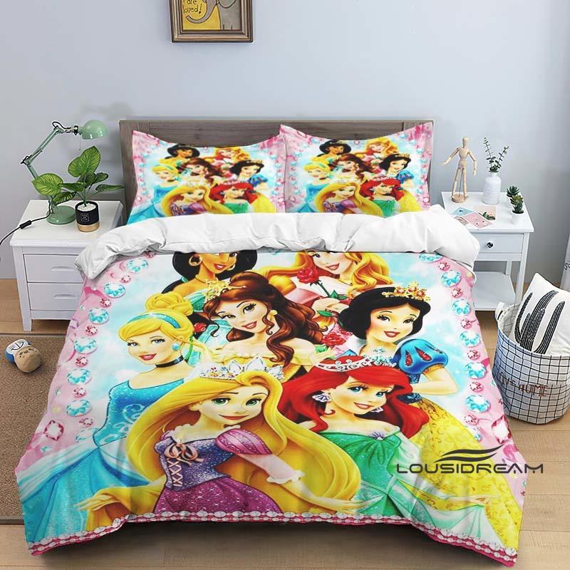 1pcDisney Princess 3D Printed Duvet Cover and Pillowcase Bedding Set, Suitable for Single, Double, King, and Queen Beds.