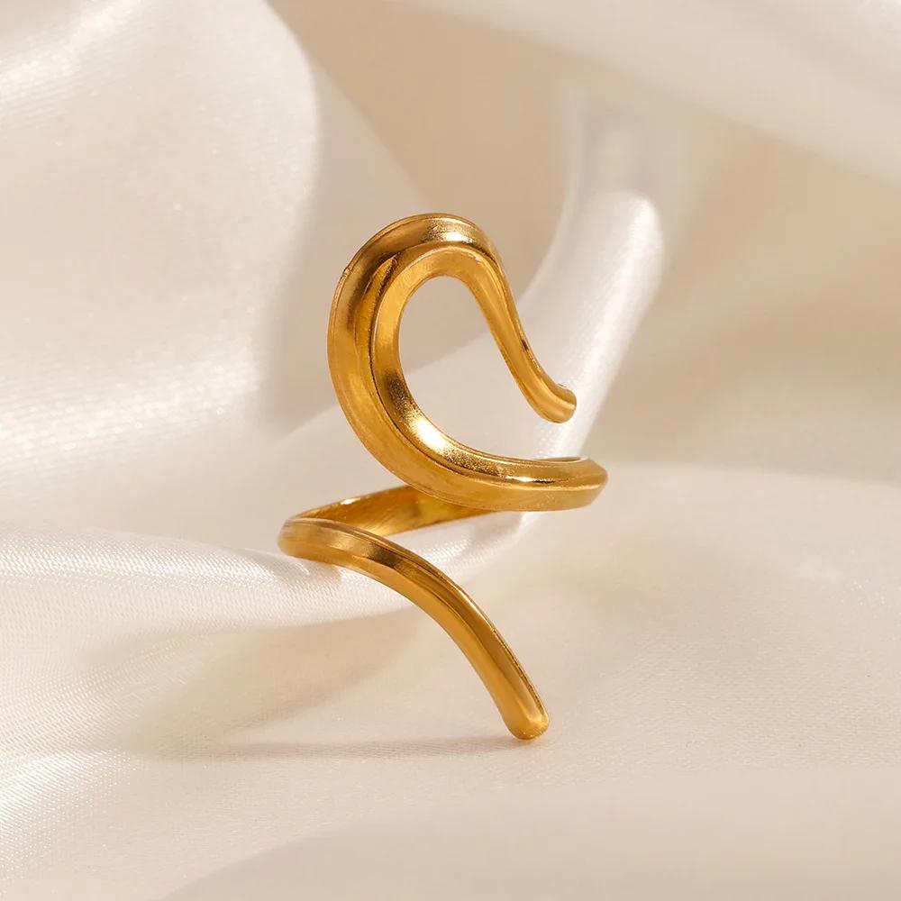 Vintage Stainless Steel Geometric Wave Rings for Women Gold Color Adjustable Rock Ring Aesthetic Wedding Trend Jewelry Gift
