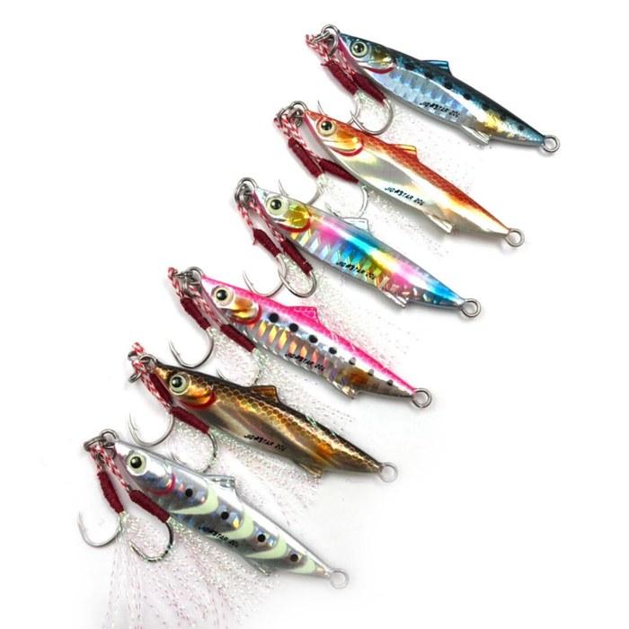 ACRUX Zigstar Lure Set 3g 7g 14g 20g 30g 40g (6-Color) with Feather & Assist Hook, Glow-in-the-Dark, for Sea Bass & Bluefish (7g MIX, Small)