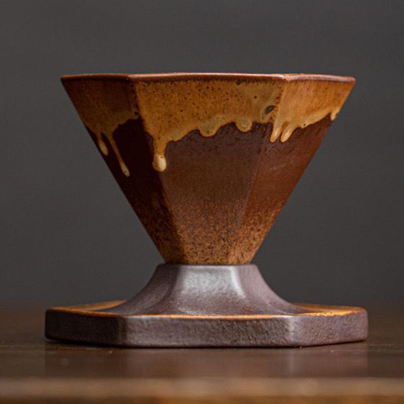 Coarse Pottery Coffee Mug With Base, Hexagon Coffee Cup, Triangular Cone Shape Coffee Mug,Vintage Ceramic Funnel Coffee Tea Cup A