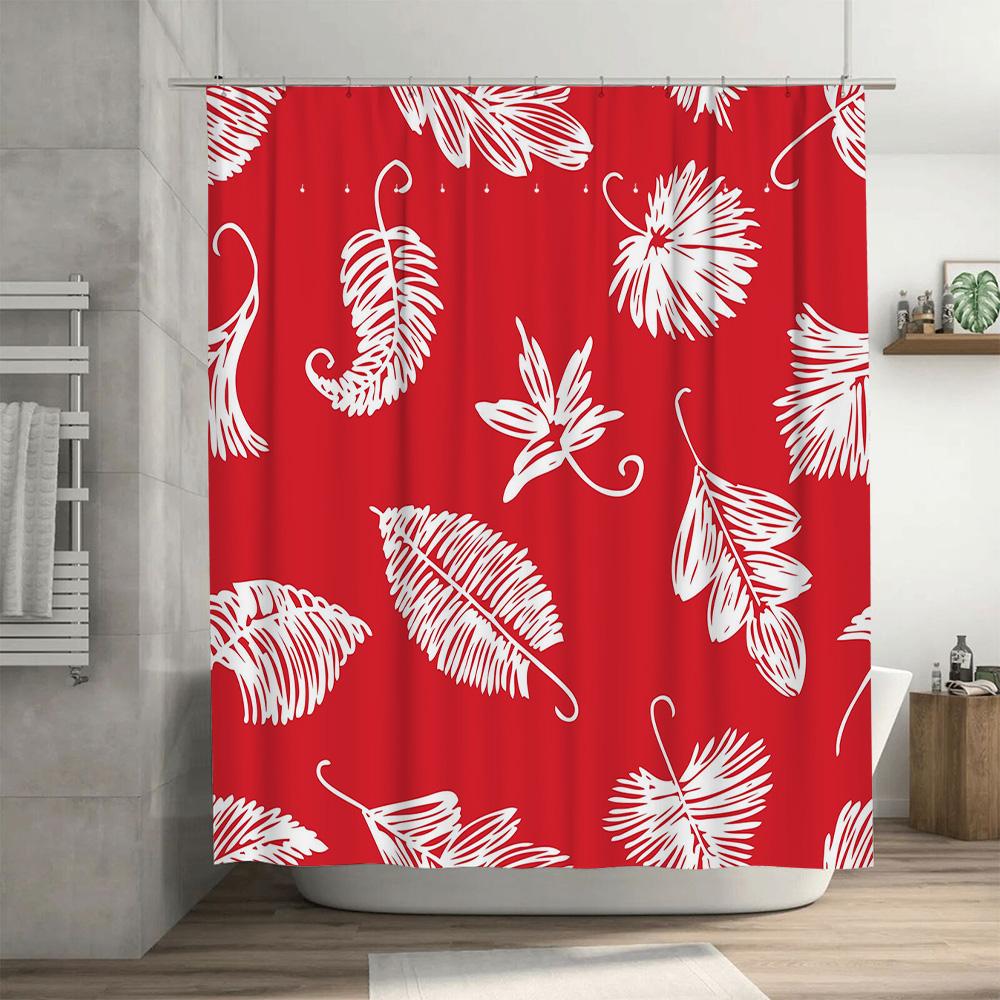 Red And White Palm Leaf Shower Curtain Waterproof Fabric Bathroom Decor Bath Accessories For Home Decoration Size 72X72 Inches (