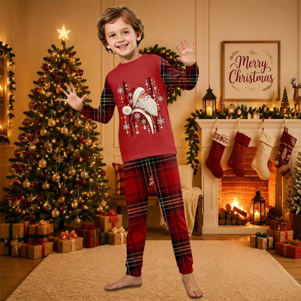 Christmas-print long-sleeve and long-pant matching family loungewear set