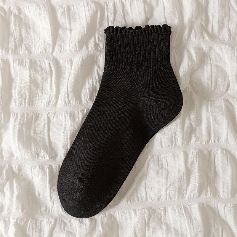 Women's Cotton Boneless Spring and Autumn Socks with Black Fungus Edges, Sweat-absorbing Lace Mid-calf Socks, Solid Color Socks