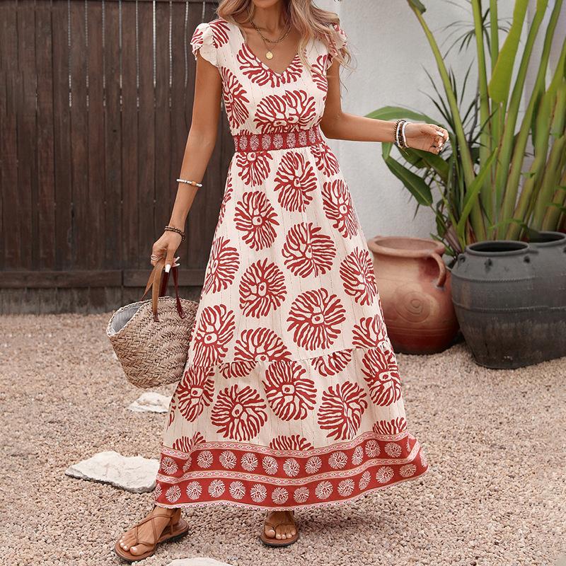 Women s Boho Print Maxi Dress V Neck Ruffle Sleeve Tiered Dress S розовый
