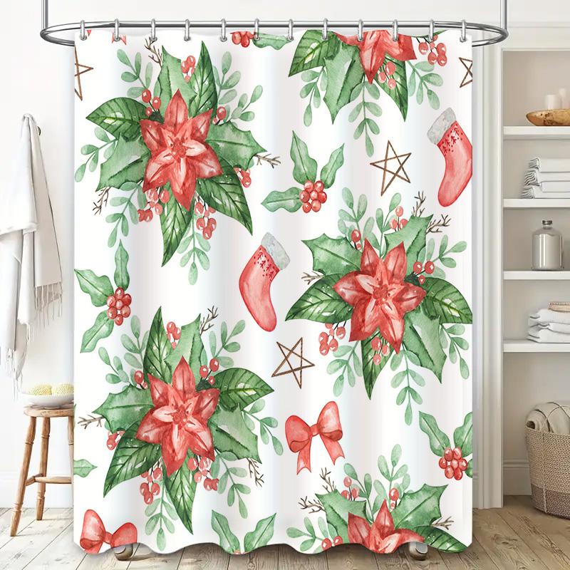 Christmas Shower Curtain With Red Flowers Green Leaves Xmas Stockings Bowknot Holiday Bathroom Decor Waterproof Curtains White B