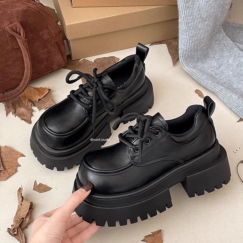 Small Leather Shoes Women's Spring and Autumn New British Style Retro Explosion Black Versatile Muffin Heightening Jk Shoes Platform Loafers