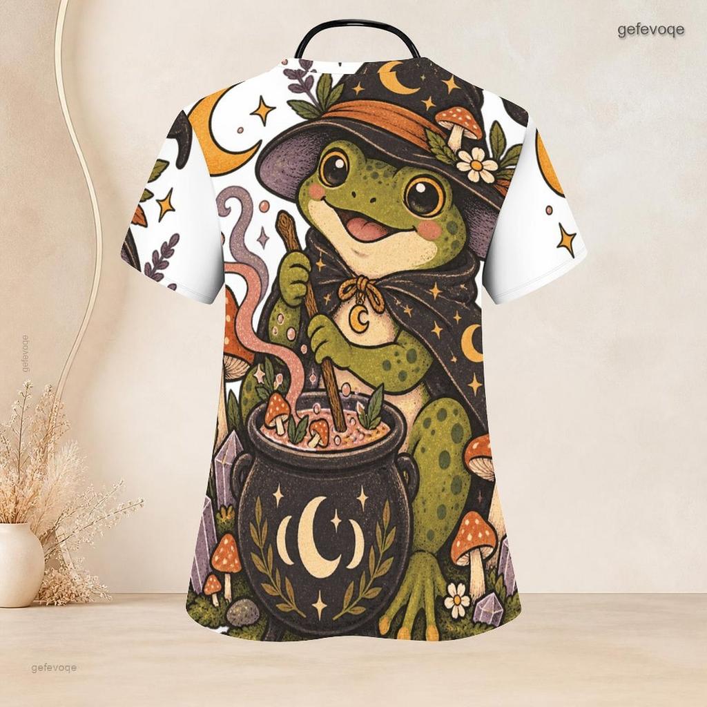 Women Plus Size V Neck Short Sleeve Scrub Top Black Cat Witch Hat Pumpkin Mushroom Halloween Print Nurse Uniform Top