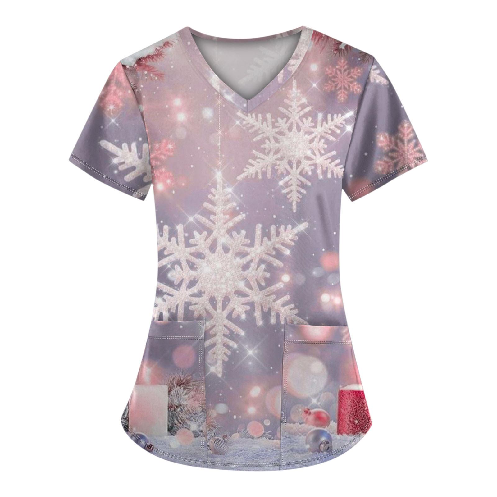 

Женская модная футболка с коротким рукавом и V-образным вырезом, карманом и рождественским принтом S