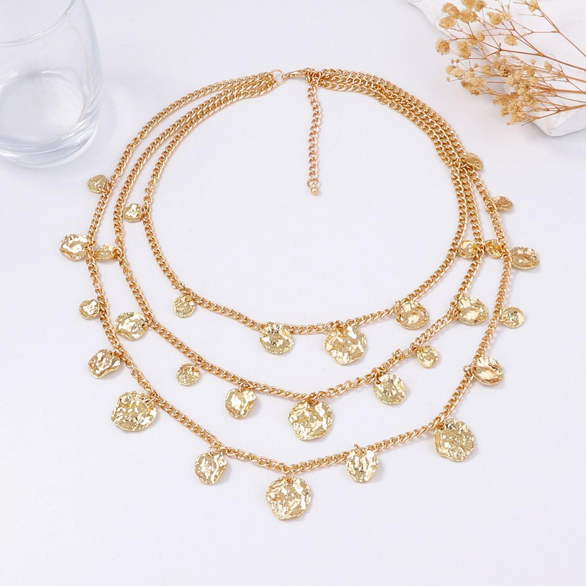 European and American casual fashion personalized hip-hop alloy pleated disc pendant multi-layer stacked chain necklace women золотой