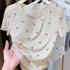 Ultra Thin and Translucent Short Sleeved T-shirt with Bow Print for Women Paired with A Base Layer Underneath