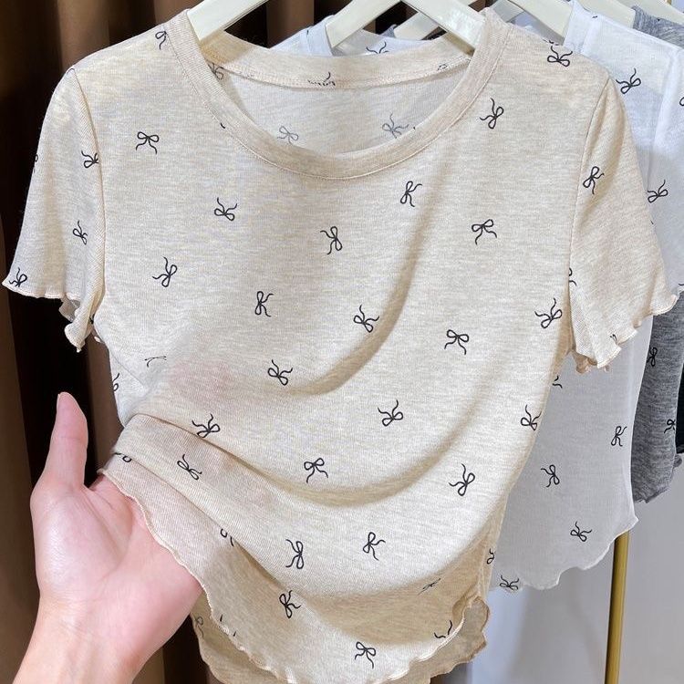 Ultra Thin and Translucent Short Sleeved T-shirt with Bow Print for Women Paired with A Base Layer Underneath
