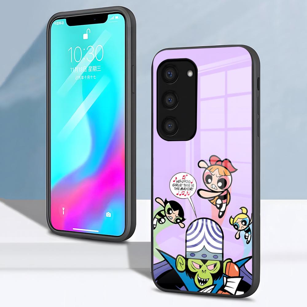 The P-Powerpuff Girls Cute Phone Case For Samsung S26 S25 S24 FE S23 S22 S21 Plus S20 Ultra Note20Ultra Black Glass Cover