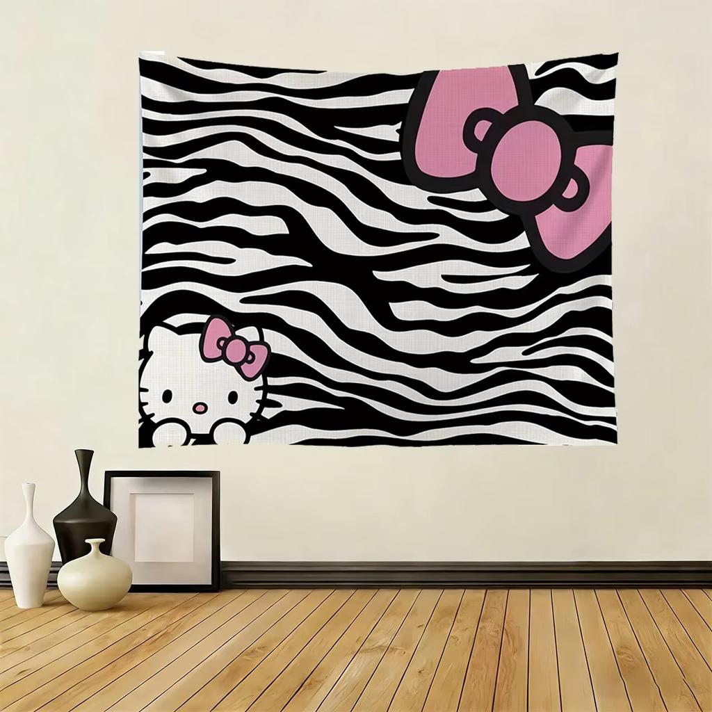 Sanrio Hello Kitty Black White Zebra Tapestry, Official Kawaii Wall Hanging With Pink Bow For Bedroom Dorm Party Gift