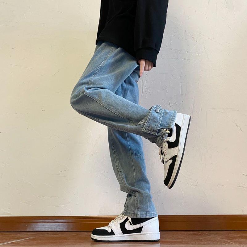 

High Street Zipper Wide Leg Straight Trousers Men s Clothing Spliced Button Detail Casual Denim Pants Loose Vintage Basic Jeans S синій