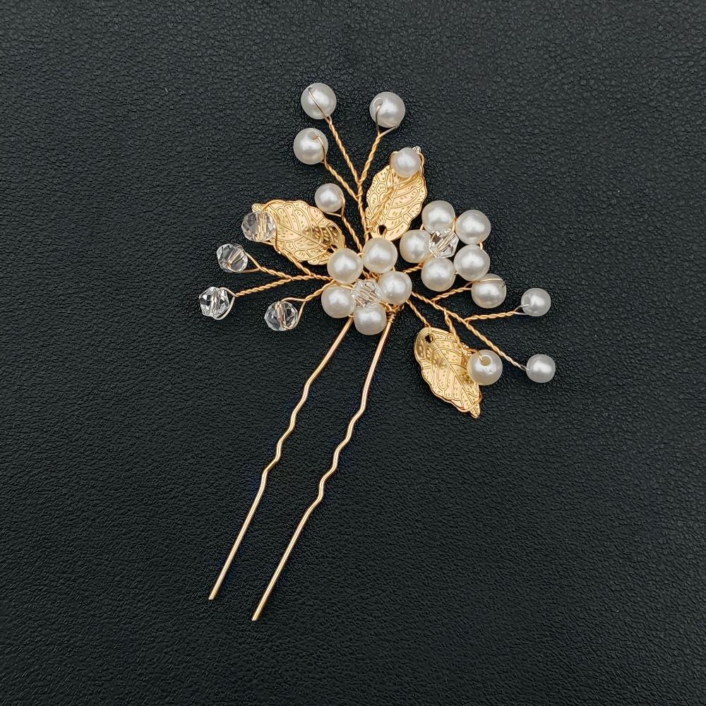 1 Zestaw spinki do włosów z kwiatem perłowym Zestawy grzebieni do włosów dla panny młodej Ślubne akcesoria do włosów Tiarki ze stopu ze złotym liściem Spinka do włosów księżniczki Modna biżuteria