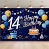 Fundal 2D La Mulți Ani 14 Ani, Pânză de Fundal cu Balon Albastru Marin Auriu și Tort