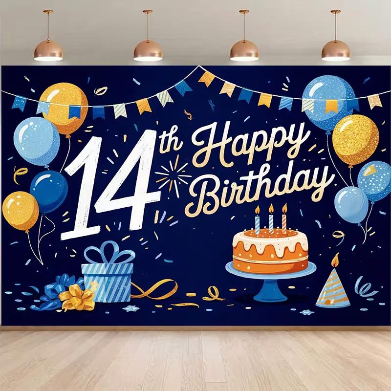 2D Happy 14th Birthday Backdrop, Navy Blue Gold Balloon & Cake Background Cloth