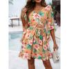 Vacation Casual Printed Lace Up Chiffon Dress