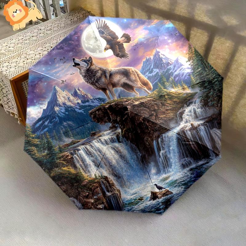 1 PC Automatic Folding Umbrella - Moonlit Wolf and Eagle Pattern, Portable & Foldable Design with 8 Ribs, Christmas Birthday Gifts