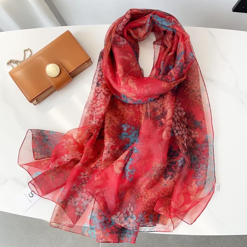 Classic Floral Silk Gauze Scarf - Versatile, Lightweight Sun Protection Shawl for Women, Ideal for Spring, Summer, and Autumn