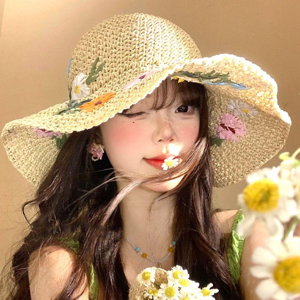 Embroidered Flower Flower Straw Hat Colorful UV Protection Cap Sweet Weave Hat  Holiday