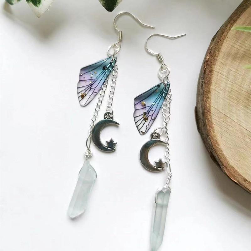Moon And Star Quartz Crystal Butterfly Wing Hoop Earrings For Women With Silver Plating