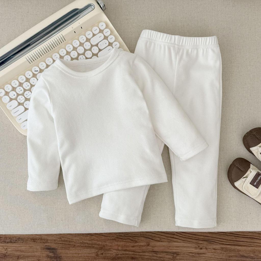 Children's Solid Color Warm Two-Piece Set for Autumn/Winter - Base Layer Shirt and Home Wear for Boys and Girls