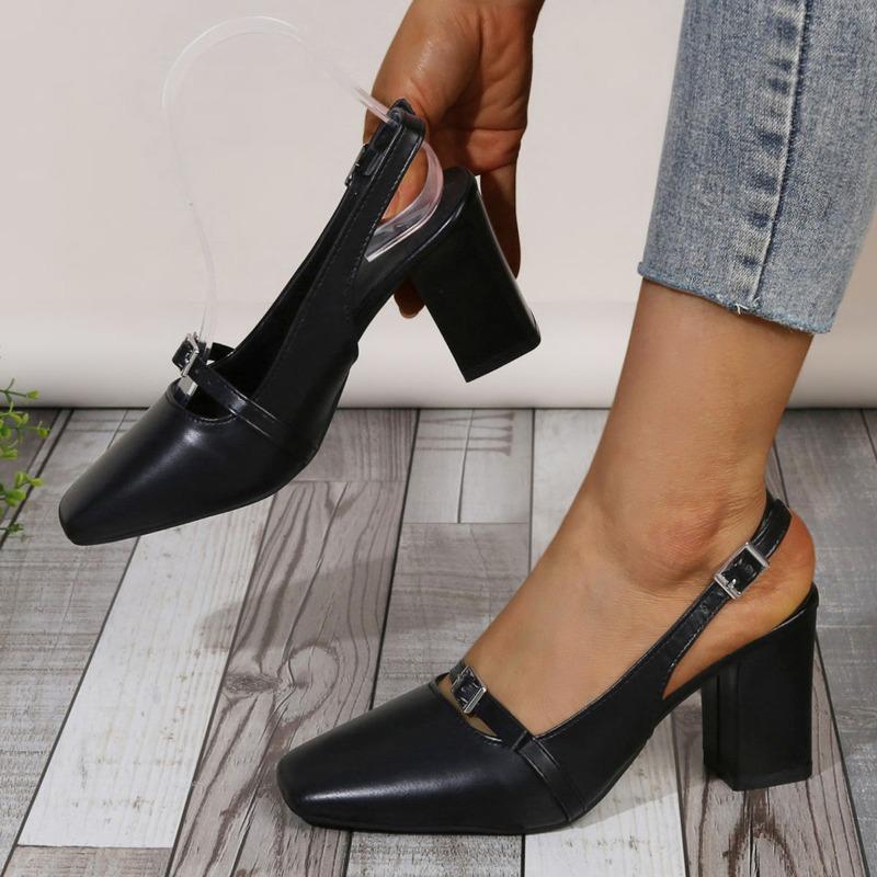 Fashion Stylish Block Heel Sandals Autumn New Square Toe Shallow Mouth Slip Strap Non-Slip High Heels