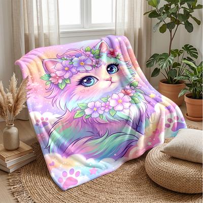 Girly Fantasy Cat Theme Blanket Lightweight Warm Flannel Blanket Decorative Throw Blanket for Home Decoration