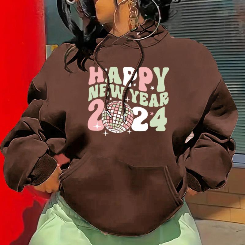 

Осенне-зимний свитер с капюшоном из флиса с принтом на плечах и рукавах «С Новым годом» для женщин 5XL темно-коричневого