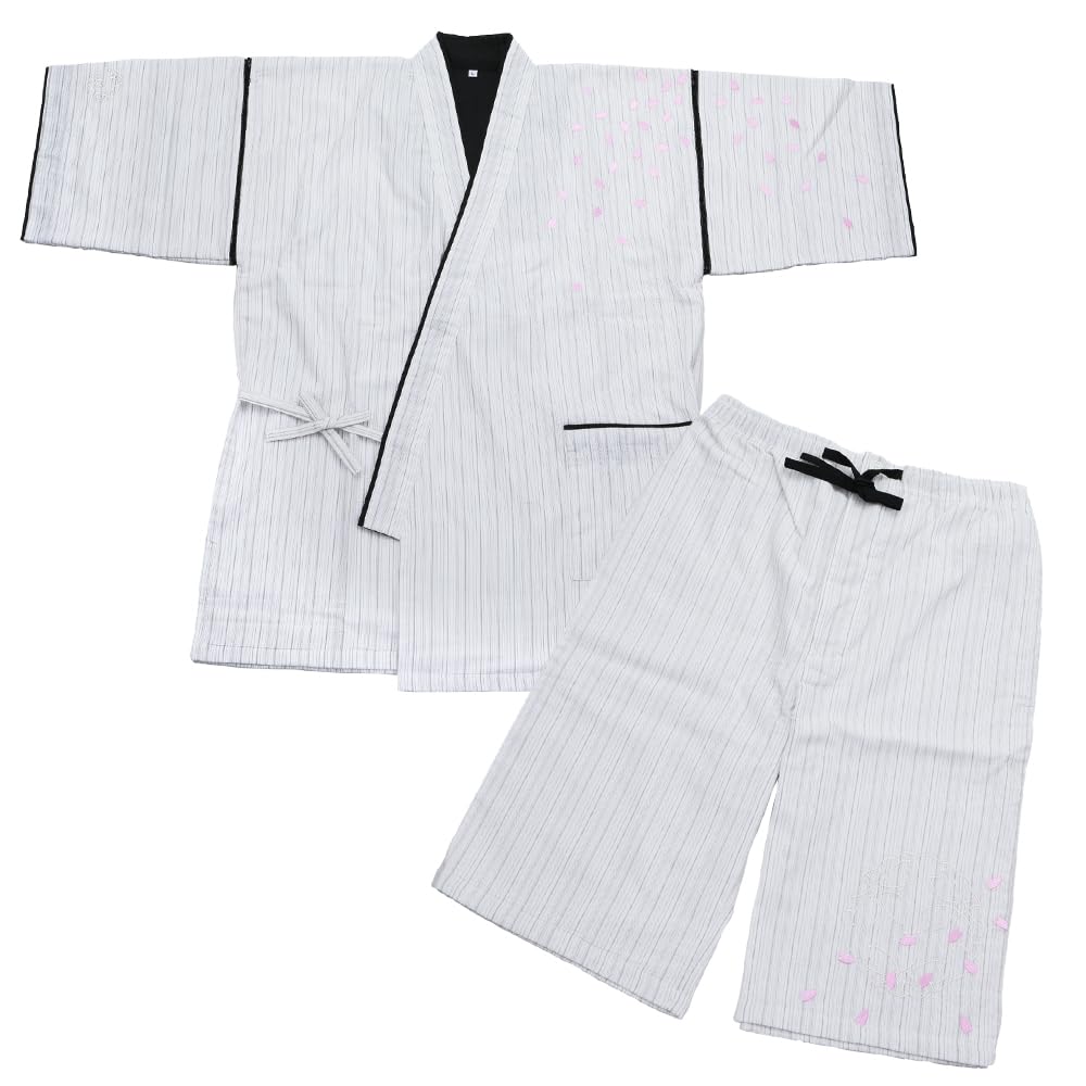 Unisex Jinbei Shijira Weave Cherry Blossom Embroidery Jinbei White White Size [Sara] S-LL Js-23 (L Size)