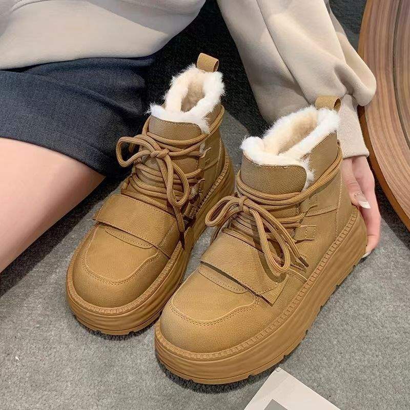 Brand Real Soft Leather Thickened Warm Snow Boots Women's 2025 Korean Version Lace-up Thick-soled Large Cotton Shoes Velvet Short Boots