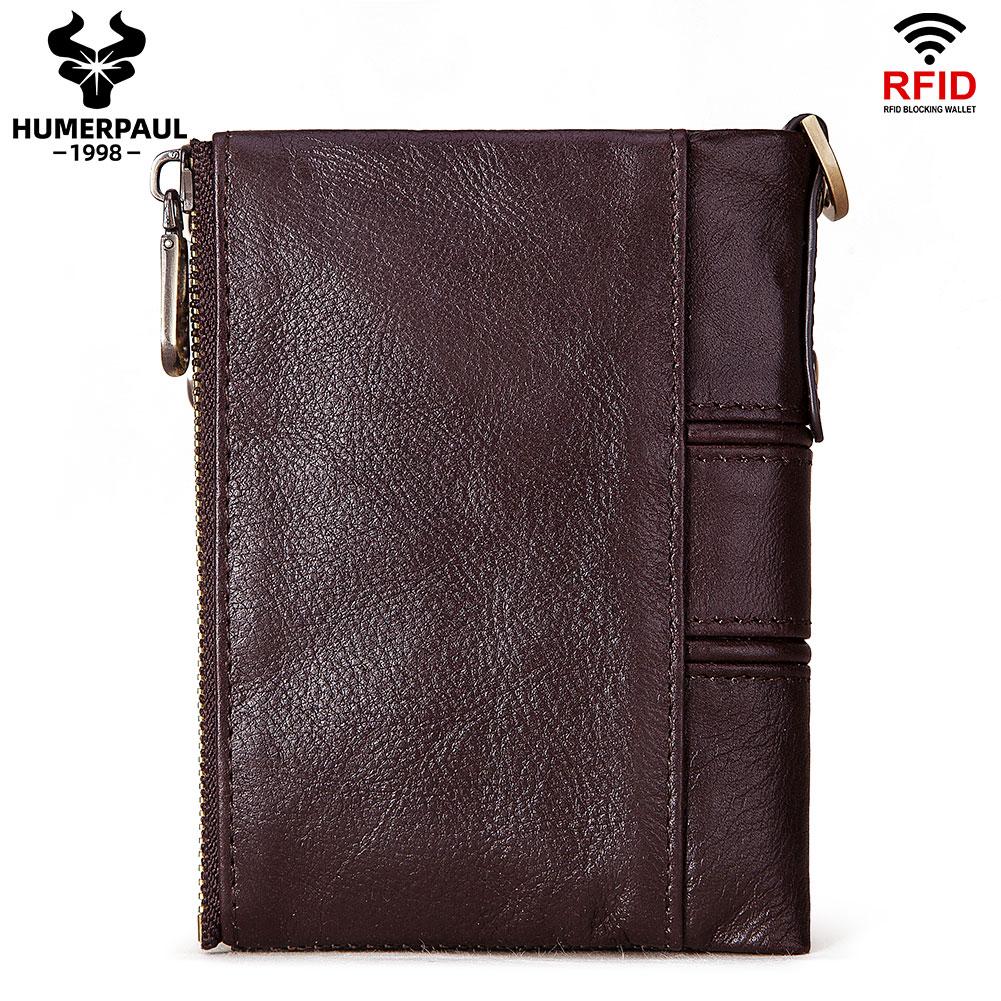 Humerpaul Genuine Leather Bifold Wallet For Men Slim RFID Blocking Credit Card Holder Credential Purse Zipper Coin Purse Male Money Bag