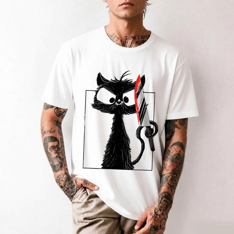 Funny Murderous Cat What Black Cat with Knife Scary Halloween Gift T Shirt 0706 Cartoon Kitty G