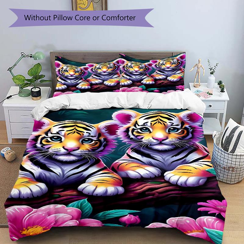 3pcs Tiger Cubs Duvet Cover Set -Includes 1 Duvet Cover and 2 Pillowcases, No Quilt Core, All-Season Home Decor  Yy251111196