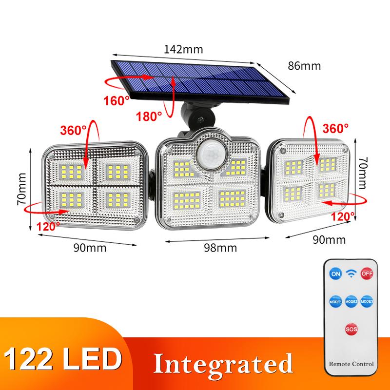 LED Solar Lights Outdoor 3 Head Motion Sensor 270 Wide Angle Illumination Super Bright Waterproof Remote Control Wall Lamp