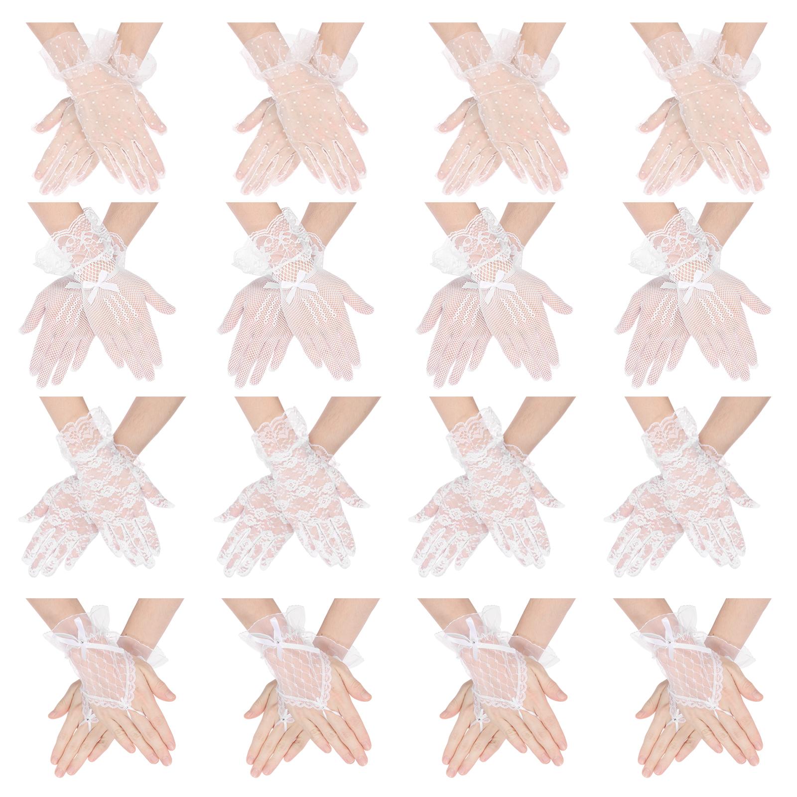 

16 пар белых кружевных перчаток, полиэстер, дышащие, женские кружевные перчатки, удобная посадка, винтажные сетчатые перчатки для вечеринки, банкета и свадьбы