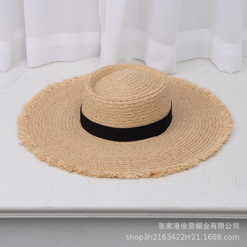 Spring and Summer New Ring Flat Top Black Webbing Raffia Big Eaves Hat Women's Sunshade Burr Edge Beach Straw Hat