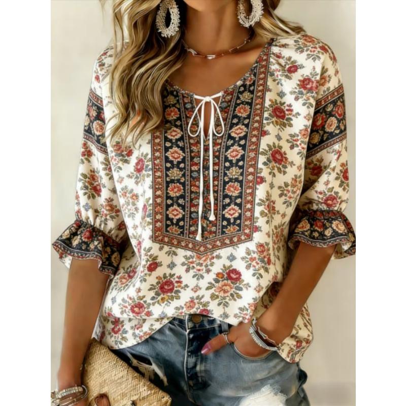 Women's elegant printed lace-up flared top, stylish and versatile, comfortable and skin-friendly