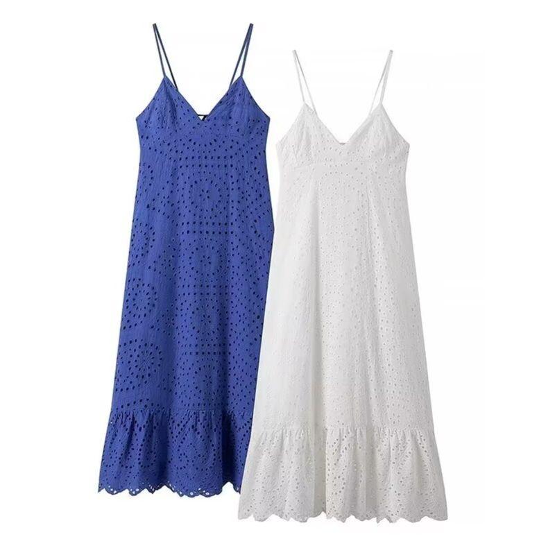 Kaslead New Arrival Women's Clothing Fashion Style Fashion Casual Minimalist Lace Embroider Pure Color Dress