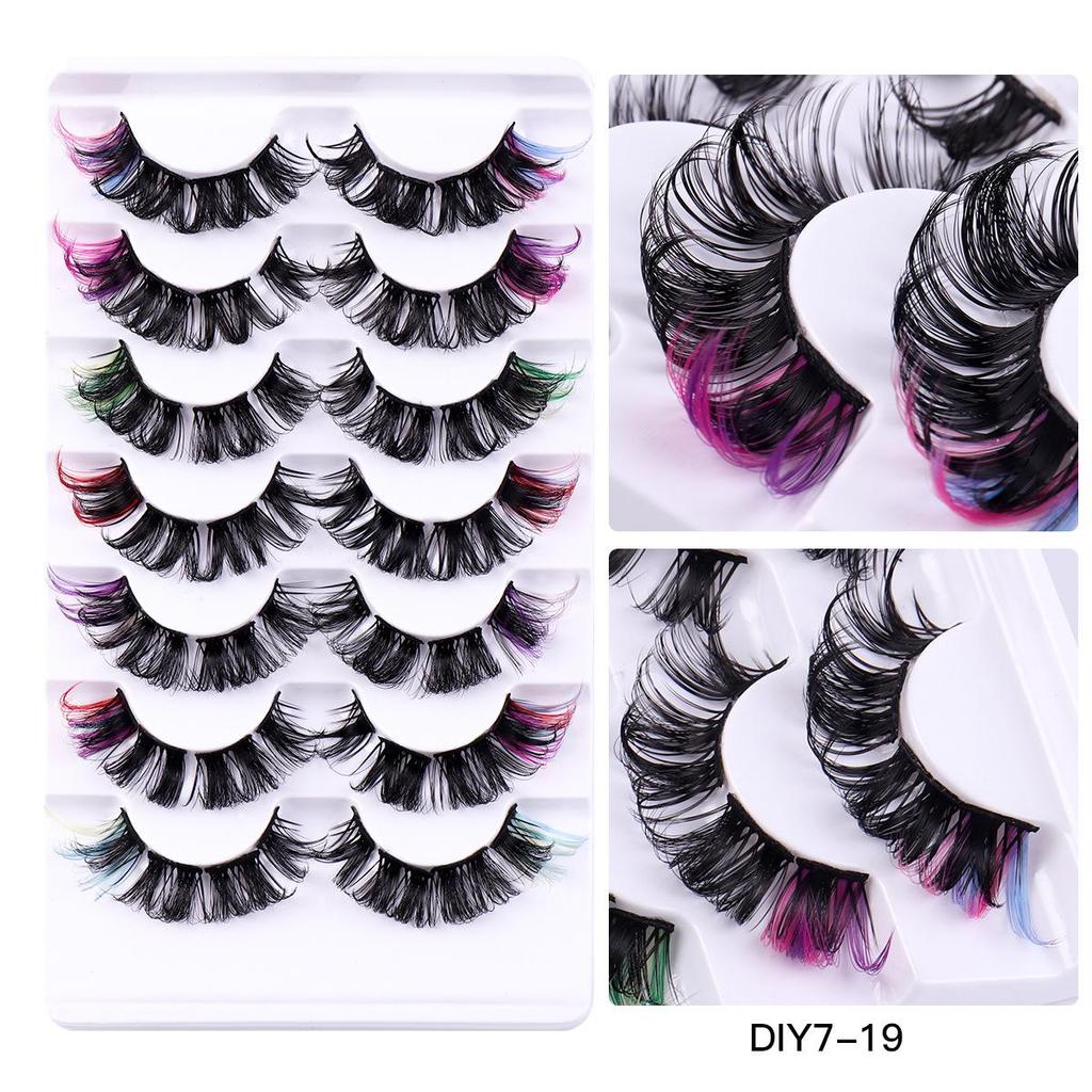 Pack of 7 Pairs: Cross-border Dense & Natural Curly Eyelashes with Colored Ends
