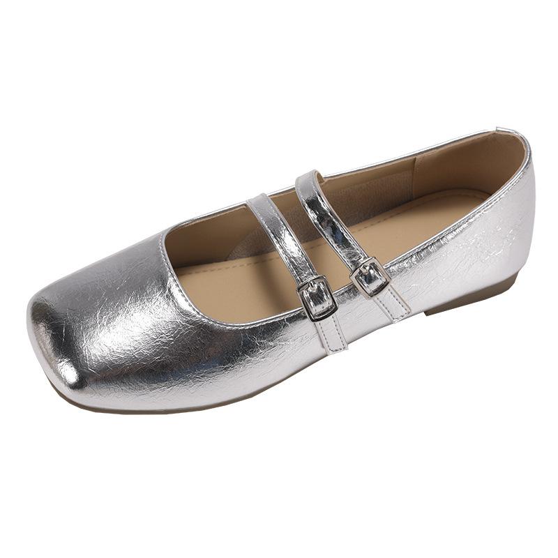 Silver Square Head French Flat Bottom Light Mouth Inner Height Increase Single Shoes Women's Summer 2025 New with Skirt Retro Mary Jane Shoes
