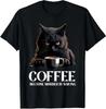 NEW LIMITED Vintage Black Cat Drinking Coffee Because Murder Is Wrong T-Shirt