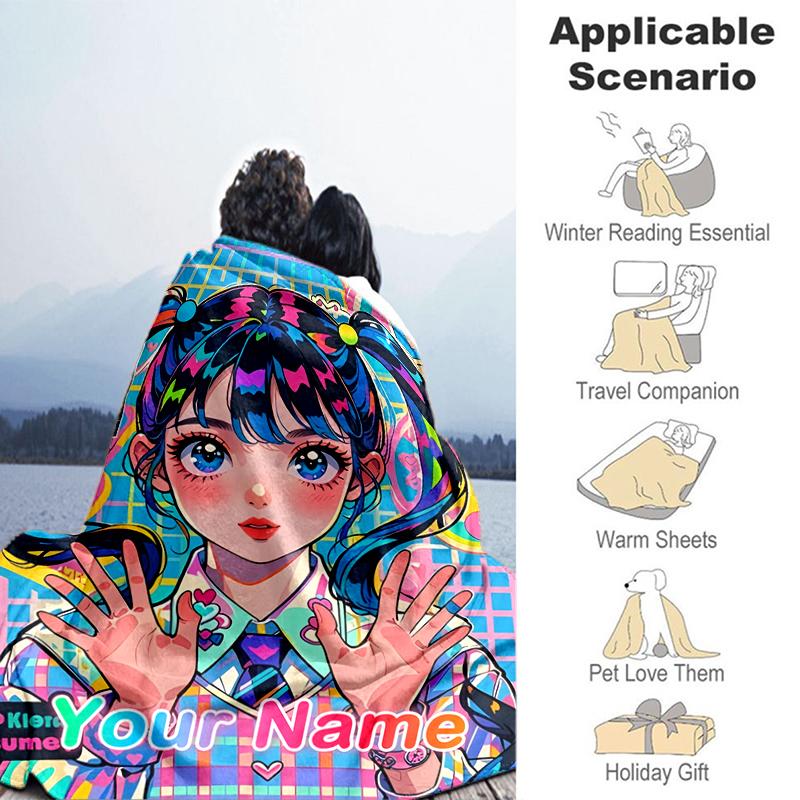 1PC Custom Name Colorful Anime Girl flannel blanket versatile,all-season throw suitable for the living room,bedroom,camping,travel,and gift