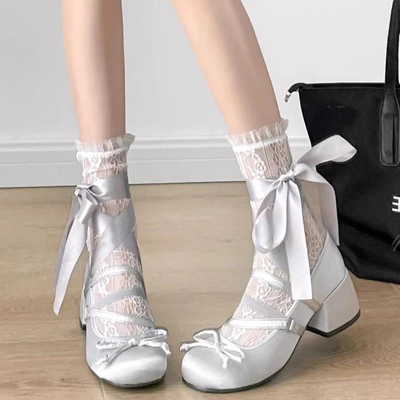 Fashion Lolita Cross Strap Pink Round Toe Shoes Ladies Sweet Butterfly Knot Med Heels Mary Janes Shoes Women Fashion Party Shoes Mujer