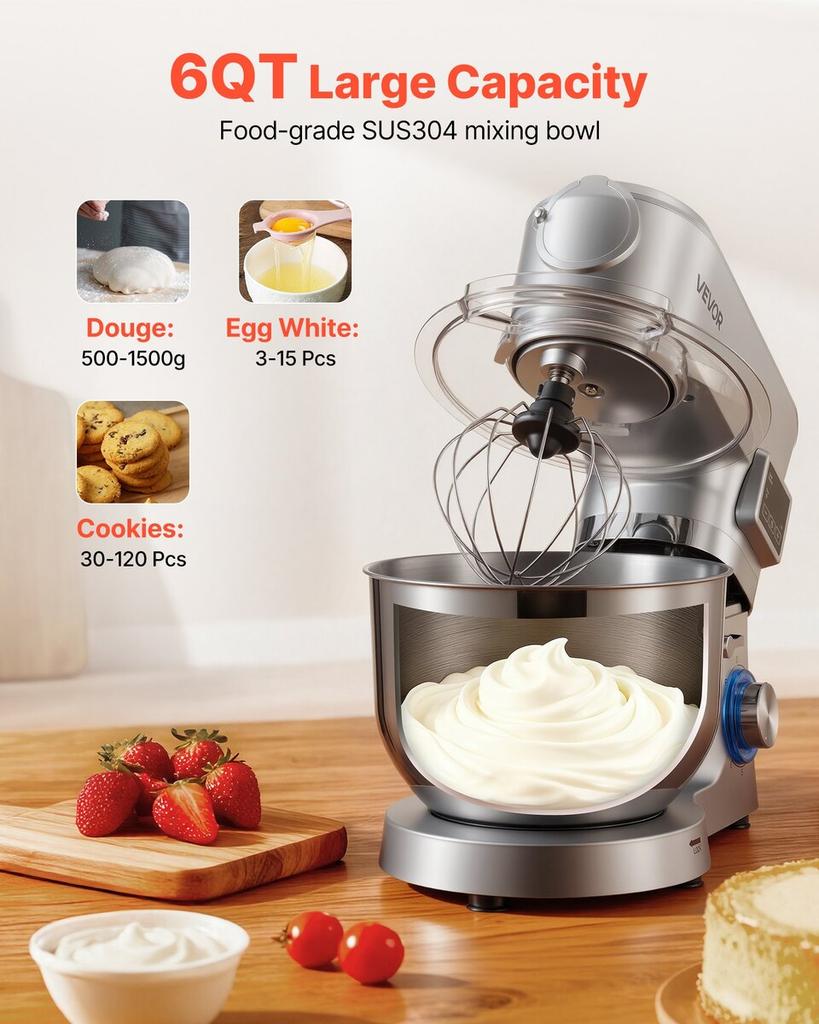 Küchenmaschine, 5,7 L Elektrische Küchenmaschine, 1500W Teigkneter, 6+P Geschwindigkeiten Kippkopf Lebensmittel-Mixer mit 1,5 L Mixbecher, Edelstahlschüssel, Teig