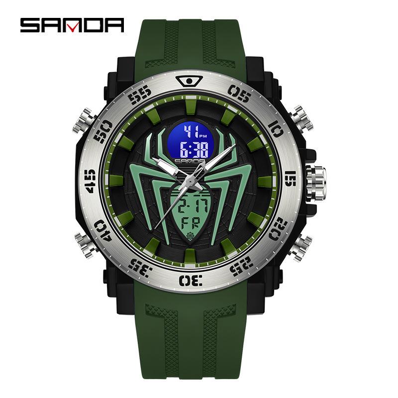 Sanda Double Display Spider Luminous Youth Electronic Watch Multifunctional Fashion Trend Men'S Alarm Clock Watch