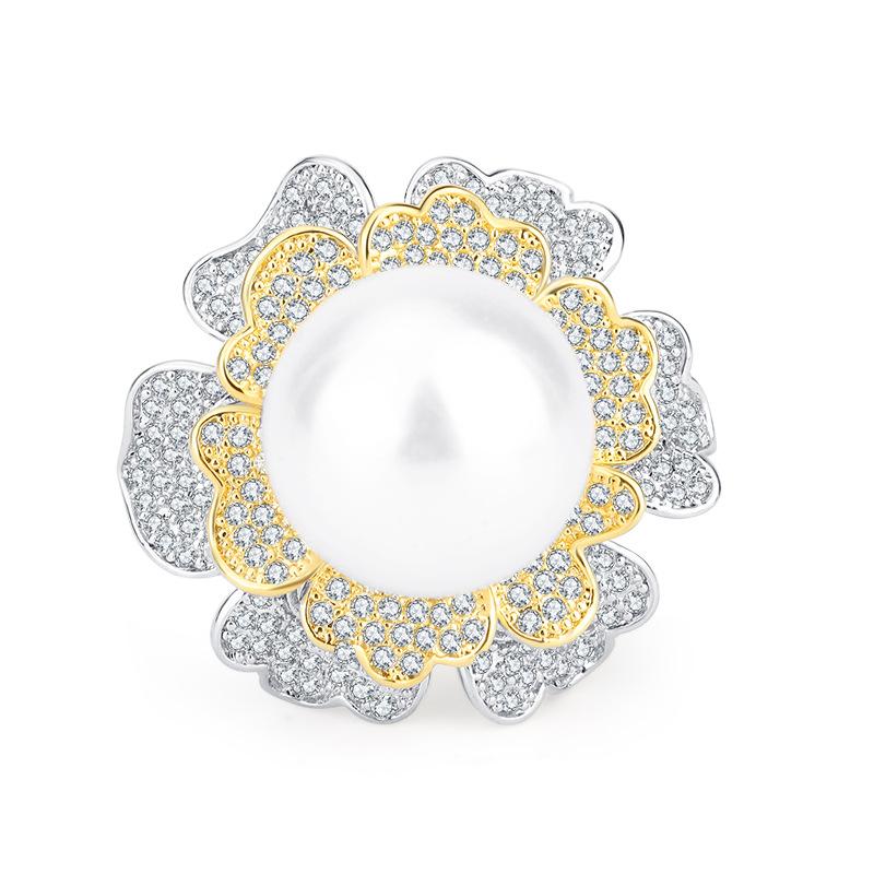 Jewelry Inlaid Fritillary Pearl Gold Plated Color Diamond Flower Women'S Ring 14Mm