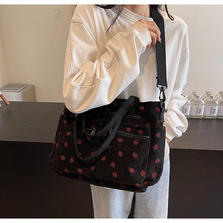 Corduroy Strawberry Print Tote Bag | Large Capacity Multi-Pocket Shoulder Crossbody Bag | Cute Kawaii School Commute Handbag